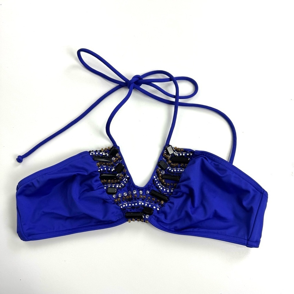 Victorias Secret Royal Blue Beaded Halter Bikini Top Swimsuit Coastal Women’s S